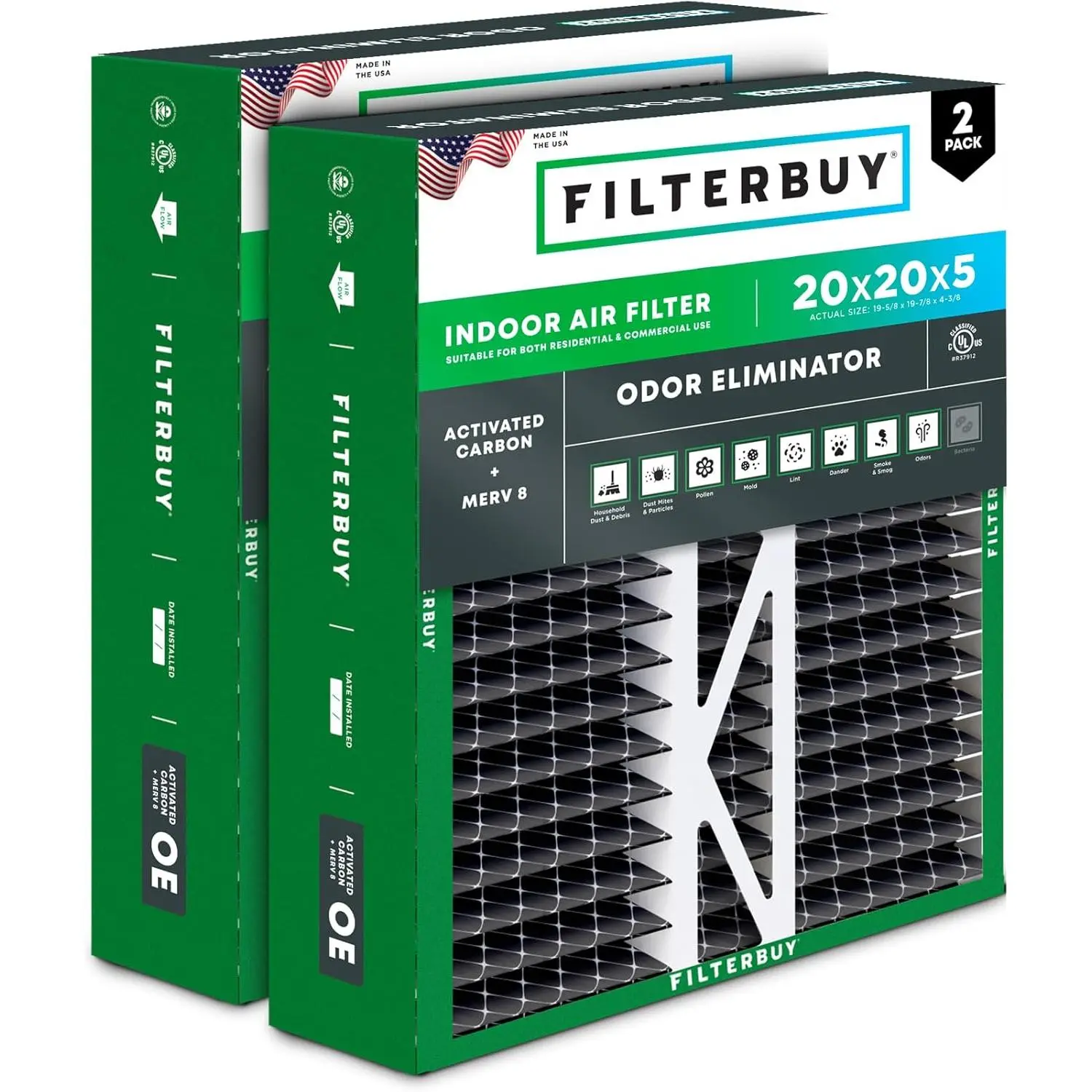 Filterbuy 20x20x5 Eco-Friendly Pleated Shape Air Filter (2-Pack) - MERV 8 Rating, Electrostatic Charge, Odor Elim. for Honeywell FC100A1011, Lennox X0585 HVAC AC Furnace Parts