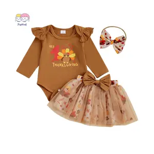 Baby Girls Thanksgiving Outfits Letter Long Sleeve Romper with Turkey Print Tulle Mini Skirt and Bow Headband