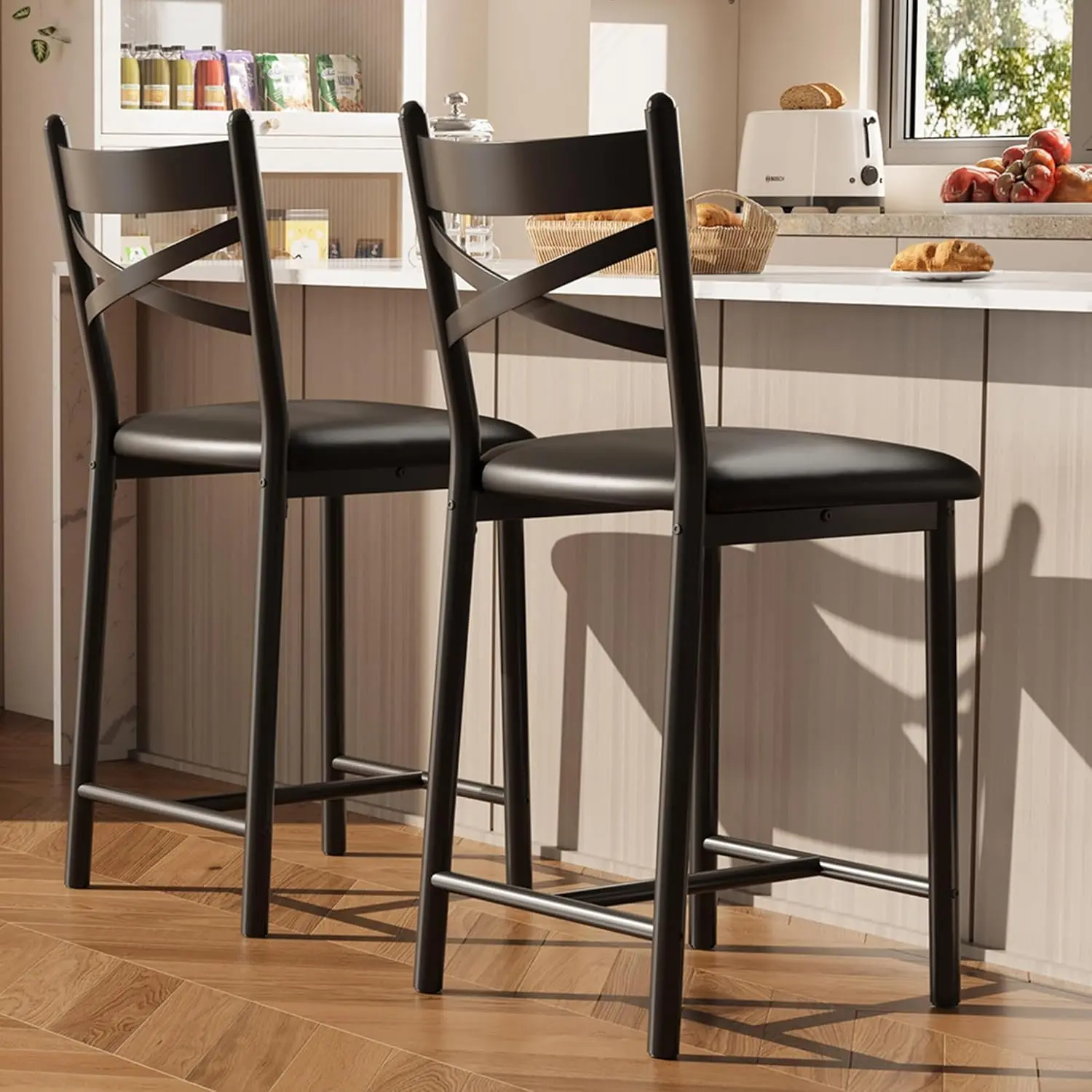 GAOMON Bar Stools Set of 2, 22" Counter Height PU Upholstered Seat Bar Chairs with Metal Frame, X-Shaped Back & Footrest, 300LB Capacity Modern Stools for Kitchen Island, Counter Bar and Dining Room