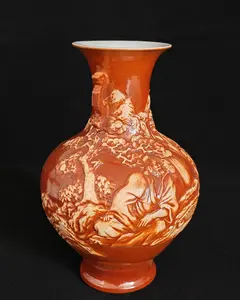 10.8" Sauce Glaze Ground High-Relief Figural Story Twin-Handle Vase for Versatile Storage and Display