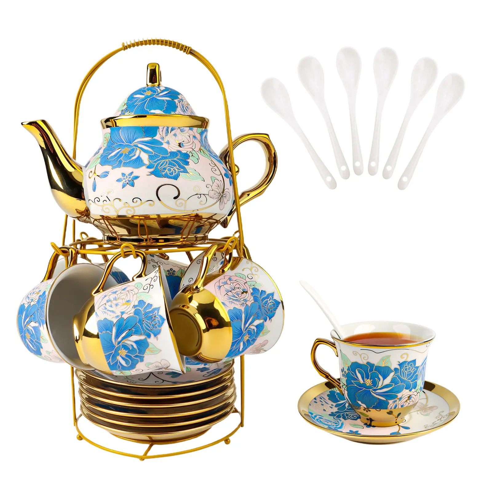 Porcelain Tea Cup and Saucer Set with Flower Enamel Tea Set for Party Gift 20 Pieces, Blue Floral, Tea Party, Antique Enamel, Adult Teapot Set, Includes Spoons Metal Holder
