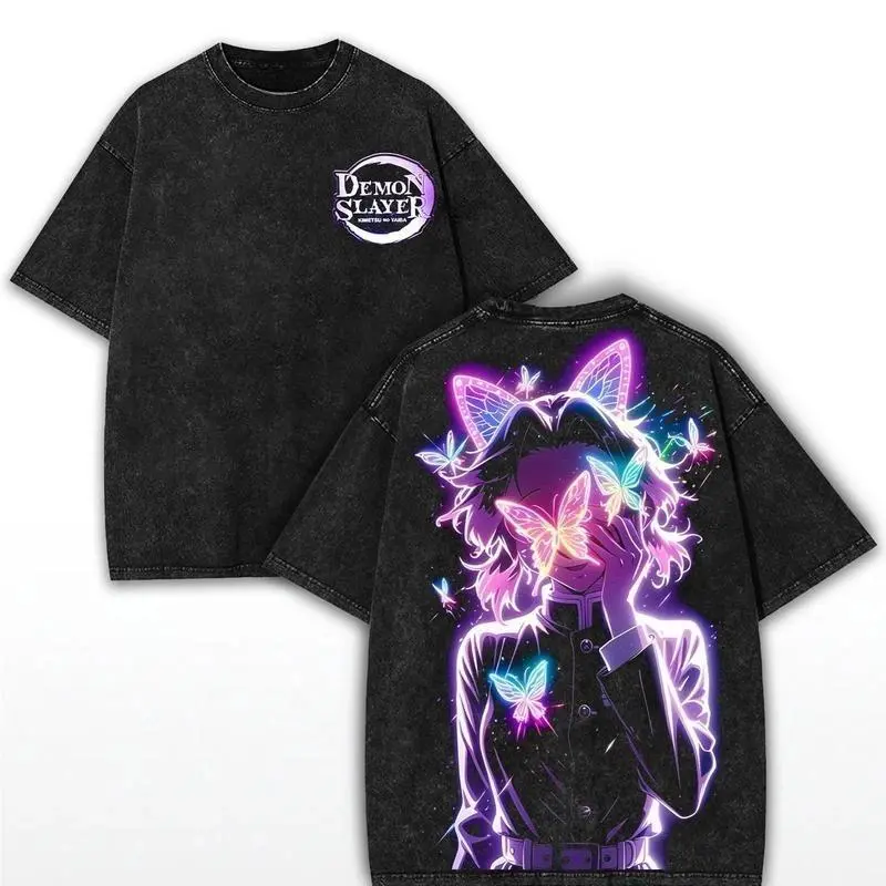 Men's Demon Slayer T-Shirt, Oversized Heavy Cotton Short-Sleeve with a Shinobu Kocho Neon Butterfly Graphic, Distressed Vintage Anime Streetwear, Festive