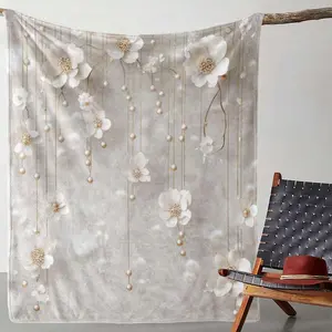 1 vintage floral print flannel blanket with pearl tassels - soft and comfortable, light gray, suitable for all seasons, can be used on sofas, beds, in cars, offices, camping and travel - an elegant gift for any occasion birthday celebration