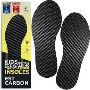 EstCarbon Kids Carbon Fiber Insoles - 2 Piece Orthotic Shoe Inserts for Tip Toe Walking Correction - Rigid Foot Plate for Toddlers and Children - Fits Sneakers, Sports Shoes and Soccer Cleats