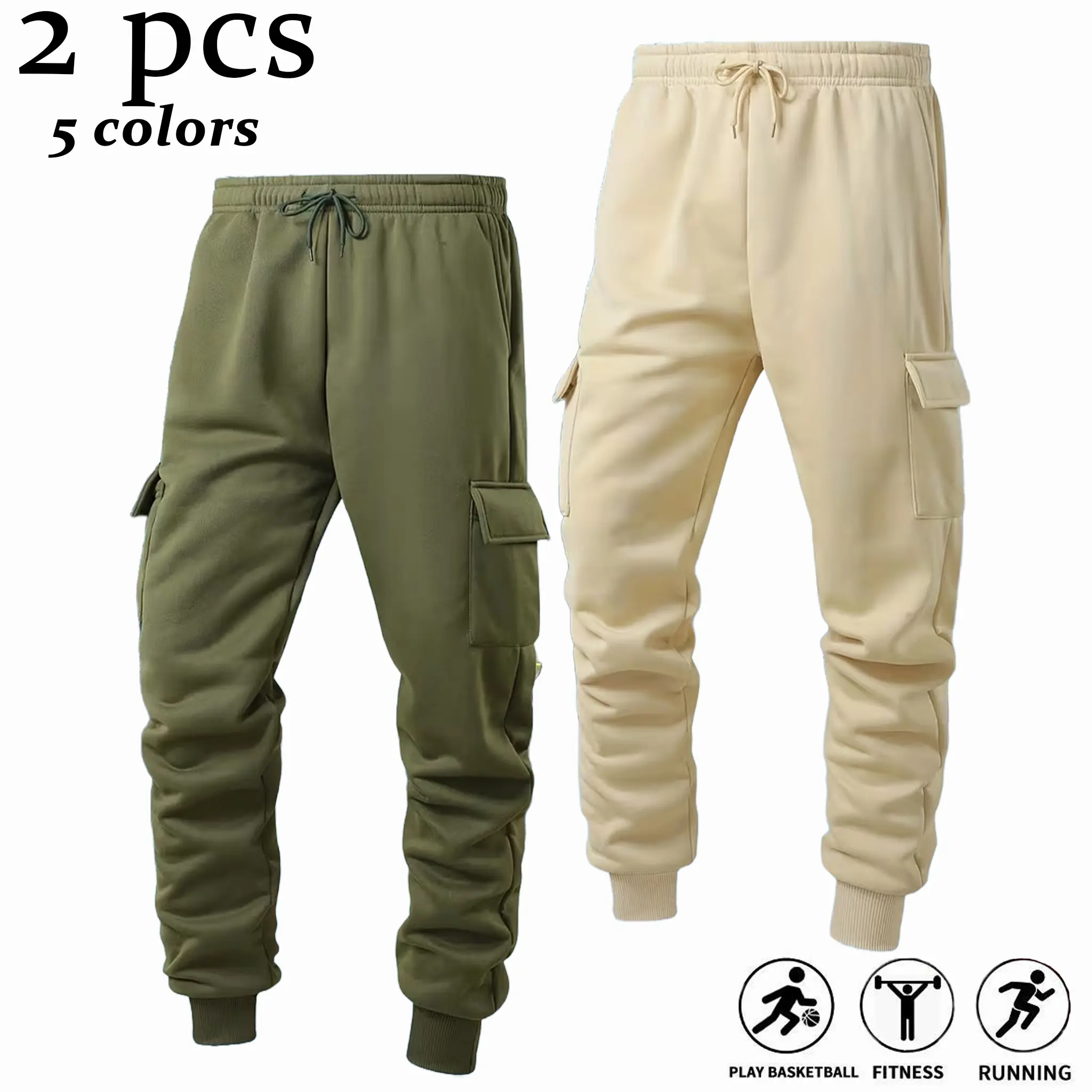 2PCS Pack | Men Warm Fleece Lined Cargo Pants, Windproof Cold Resistant Multi-Pocket Solid Casual Trousers, Autumn Winter Daily Streetwear Pants