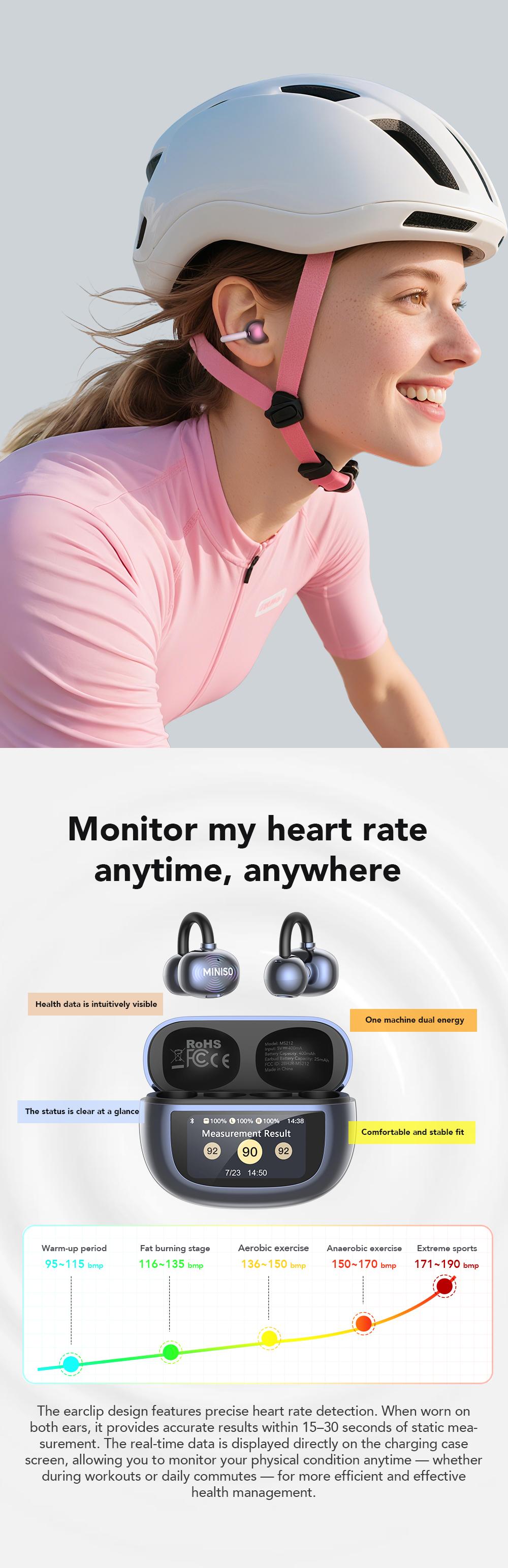 MINISO MS212 Clip-On Ear Headphones with Heart Rate Monitoring Wireless Audio Headphones for Music & Phone Calls, IPX5 Sport Waterproof & Sweatproof, with LCD Full Color Touch Screen, Bluetooth 6.0 Headsets, Heart Rate Health Management