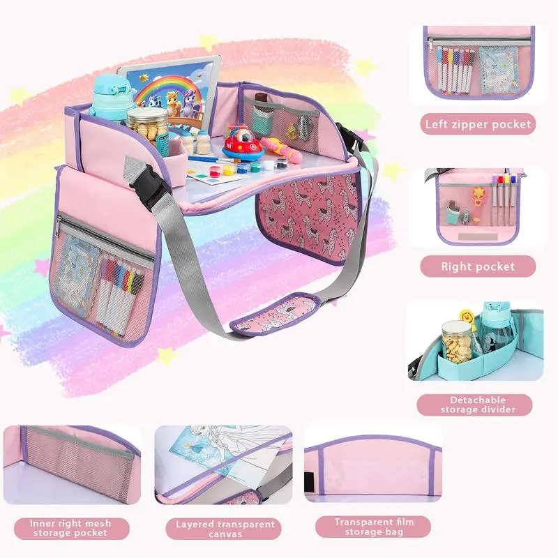 Unisex Foldable Toddler Travel Tray for 3-4 Years Old Car Seat Users, with Cup Holder, Storage Space, and Play Surface for Fun Road Trips