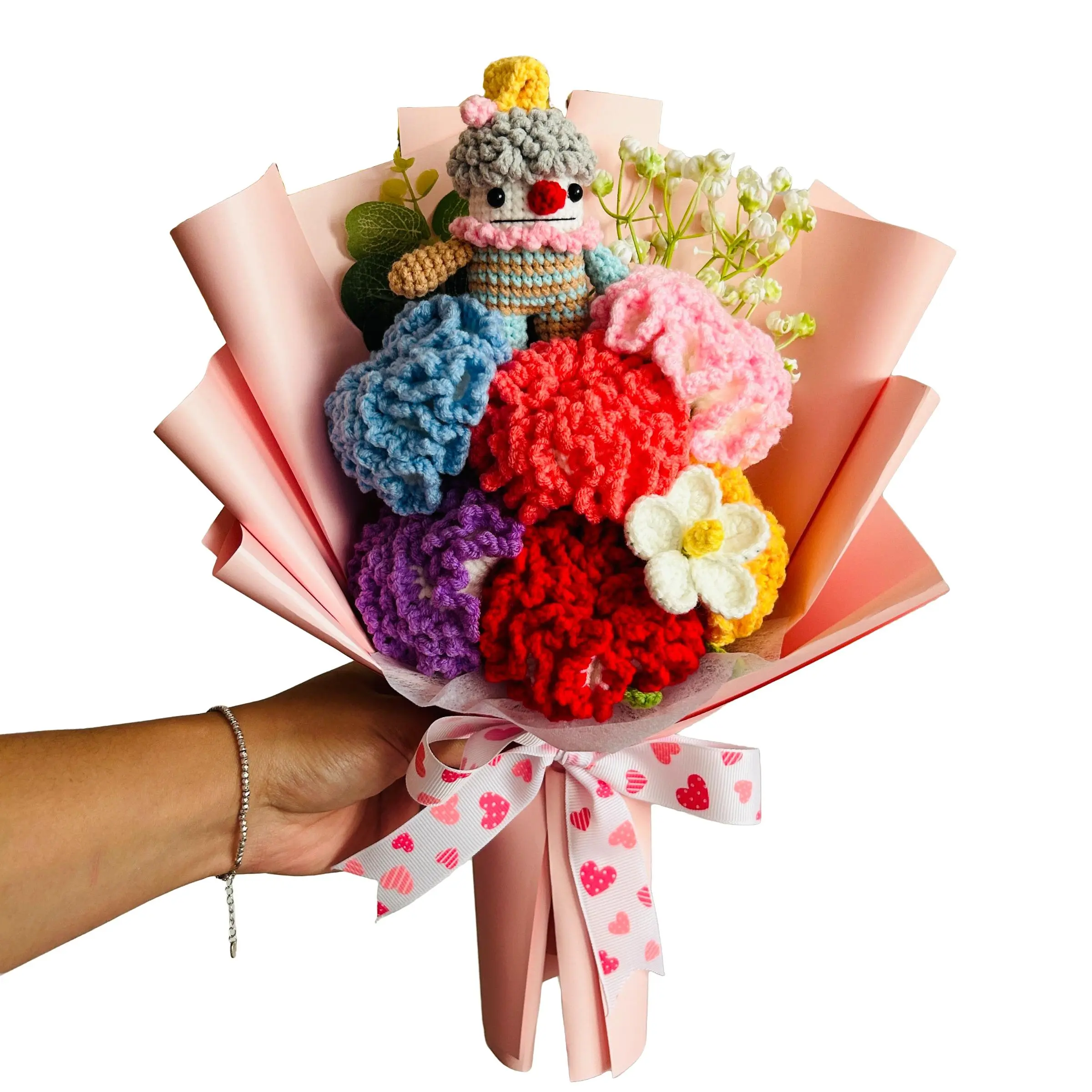 Handmade Crochet Carnation Bouquet, Cute Clown Doll Flower Arrangement, Mother's Day Friend Lover Grandmother Party Gift, Fake Flowers Knitted Anniversary Present