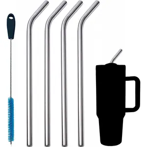 10mm Extra Wide Metal Straw for  Quencher 64 40 oz Tumbler | 4 Pack 12.5'' Long Bent Stainless Steel Straws Replacement Plastic Straws for  Cup | Included Cleaning Brush