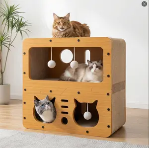 Cat House Indoor & Outdoor, Spacious Multi-Functional Cat Condo with Dual Scratch Pads, Plush Balls & Ventilated Door, Durable Plywood & Kraft Paper Cat Shelter, Ideal for Cats