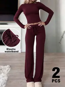 Popular TikTok Comfortable Two-Piece Loungewear | Red Long-Sleeve Cropped Top & Wide-Leg Pants | Soft, Stretchy and Fitted Loungewear | Elastic Waistband | Fashionable Y2K Style Women's Set Pajama Set