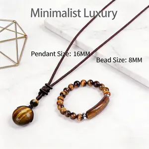 Tiger Eye Necklace Bracelet Set for Men Women | 16mm Pendant & 8mm Bead Bracelet, Healing Crystal Jewelry Set, Unisex Spiritual Gift
