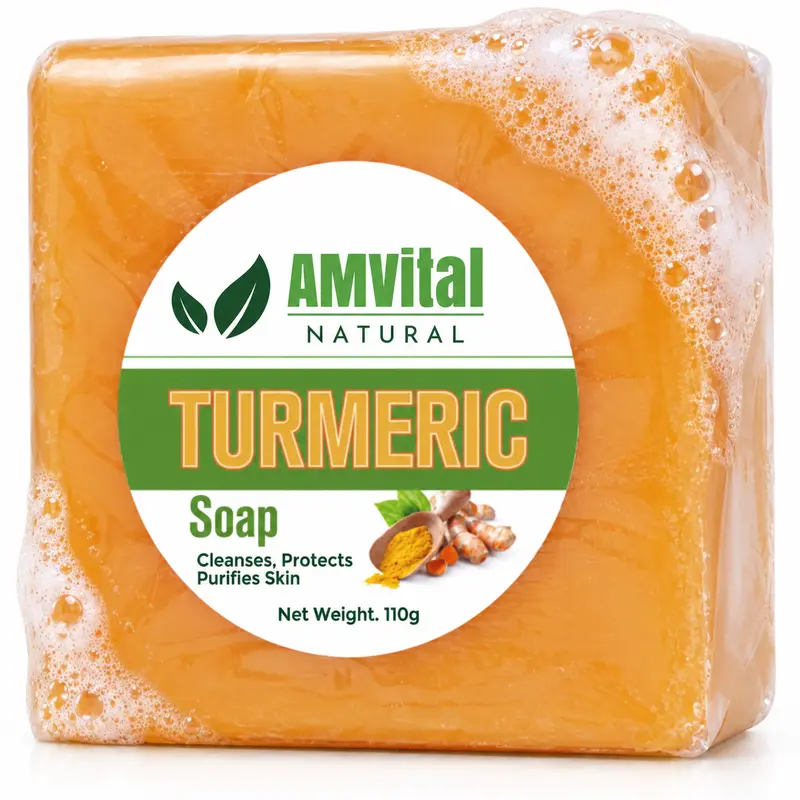 AMVital Turmeric Bar Soap 110g - Brightening Shea-Infused Face & Body Cleanser for Adults, Kojic Acid, Retinol & Hyaluronic Acid for Dark Spots, Acne Scar Correction, Chemical-Free Vegan Handmade