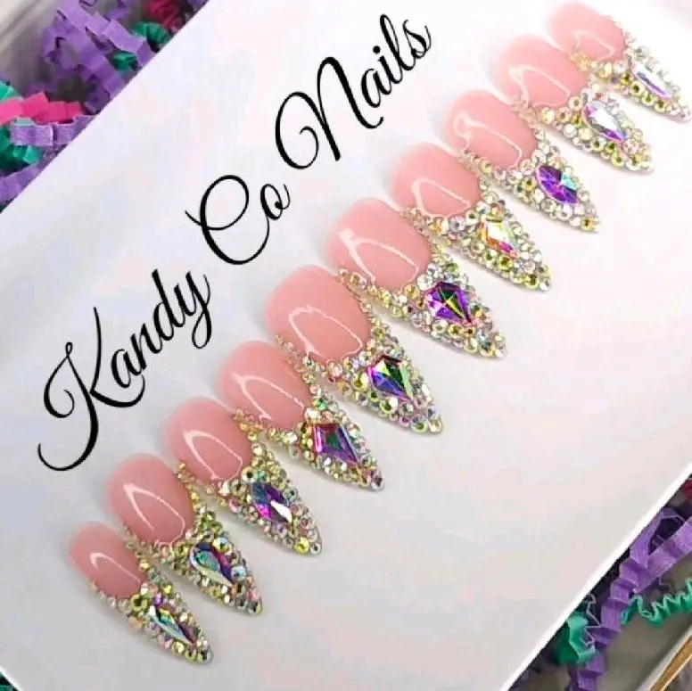 Handmade Christmas Stiletto Nails | Bling French Tip Holiday Nails | Bridal Nails