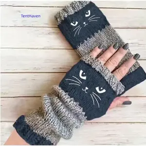 Women's Knitted Fingerless Gloves with Cute Cat Embroidery Cozy Stylish Hand Warmers for Casual Winter Wear and Holiday Outfits