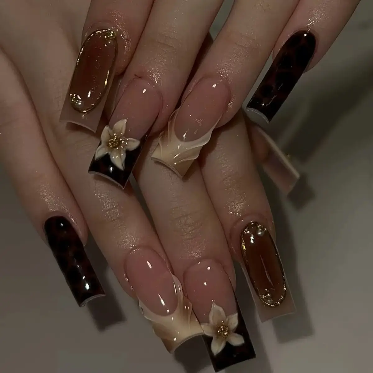 Brown and Cream Long Square Press On Nail Sets - Decorated with 3D Flowers, Gold-Tone Details + Upgraded 3A Adhesive Tabs for Long Nails Aesthetic
