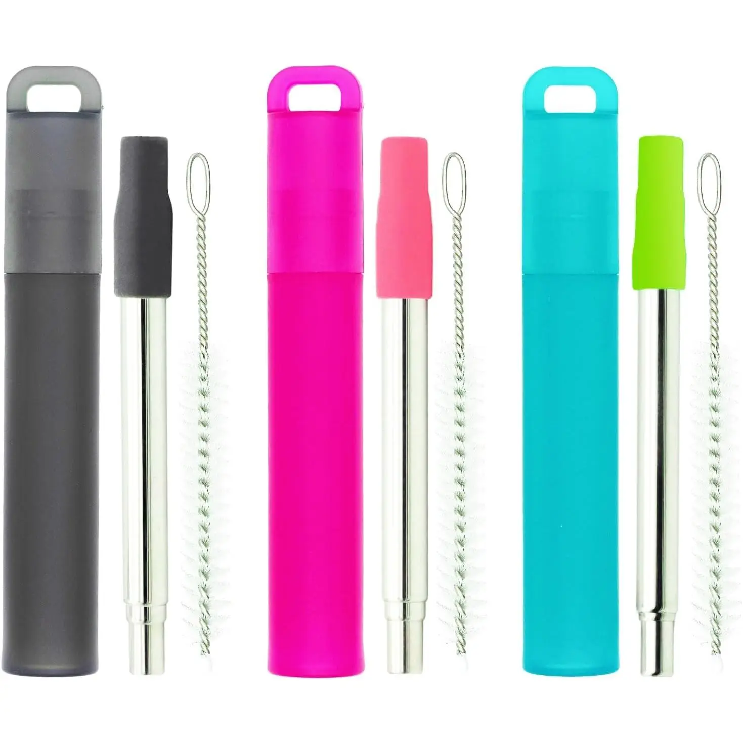 -Metal  Straws 3 Pack Collapsible Portable Stainless Steel Drinking Straw Telescopic Travel Straw, with Case and Cleaning Brush Foldable Pocket Straws