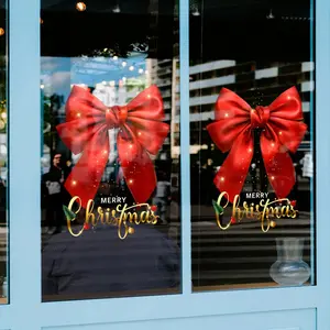 1 45cm*60cm Christmas window sticker, red bow design, PVC electrostatic adsorption, very suitable for home bedroom living room decoration, shop window, restaurant, studio holiday scene layout.