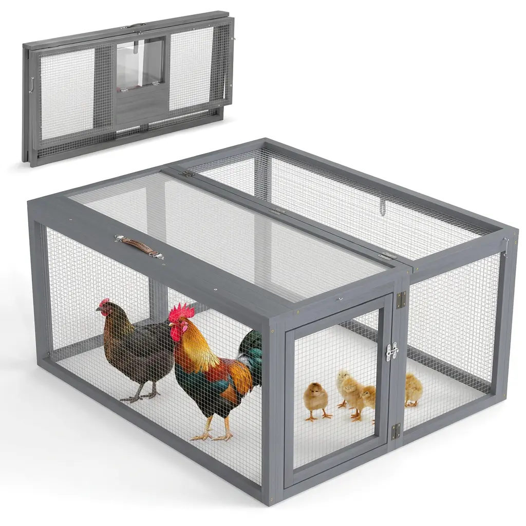 43.3-Inch Portable Chicken Coop Run and Rabbit Hutch, Folding Wooden Small Animal Playpen with Top and Side Opening Doors, Outdoor or Indoor, Baby Chicken and Rooster Cage Brooder Box, Weatherproof Grey