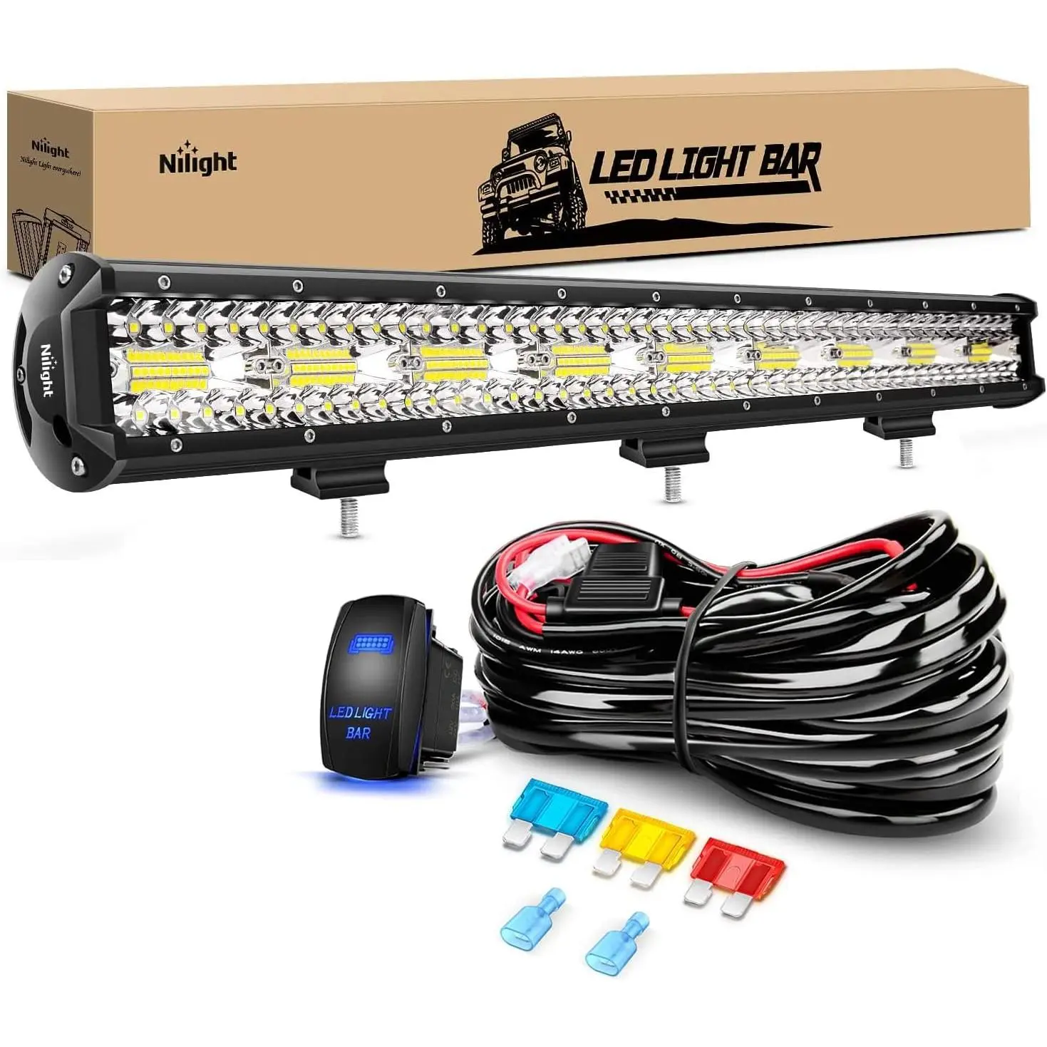 Nilight 26-Inch 540W Aluminum Alloy Triple Row LED Light Bar, 50000 Lumens Combo Beam, 12V 5-Pin On-Off Rocker Switch, 14 AWG Wiring Kit, Bracket Mount Hardware, IP67 Waterproof Nest Reflector Led Car Lights (-40~85°C) for Trucks