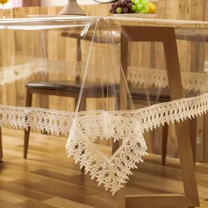 Clear Table Cover Protector Transparent PVC Vinyl with Lace for Dining Room Tablecloth Waterproof Oil Table Protector for Indoor Holidays Party Decor, 60''x84''