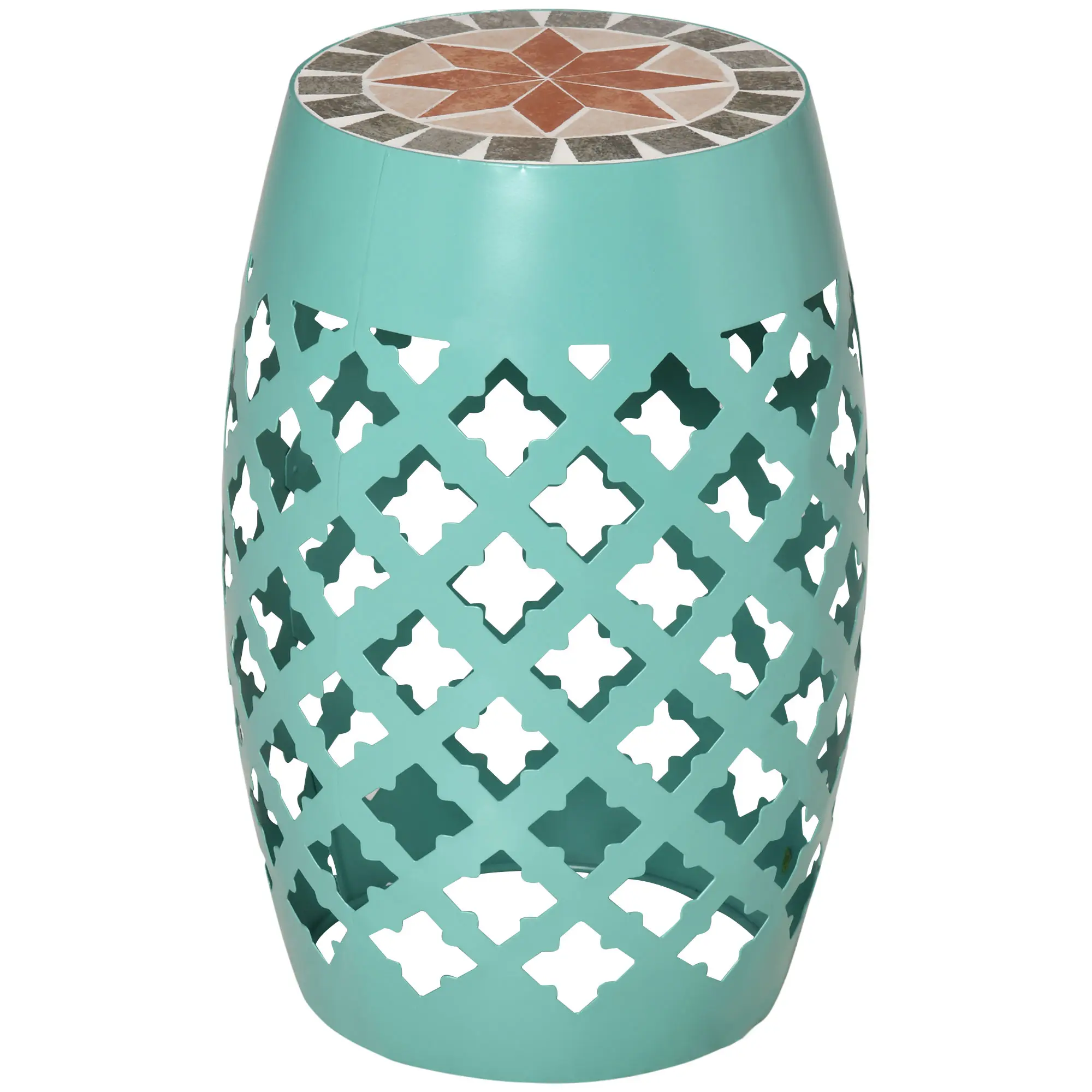 Blue Ceramic Mosaic Patio Side Table 12“ Round Outdoor Footstool Plant Stand with Vintage Hollow Drum Style, Sturdy Steel Frame 175lbs Capacity, Multifunctional Accent for Garden Balcony Deck, Easy Wipe Clean, Rustproof