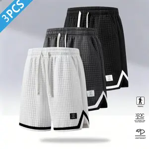 Men’s waffle-knit shorts, 3-pack  lightweight, wrinkle-resistant, wear-resistant; side slit design + drawstring waist; versatile for travel, casual wear, and sports; knee-length summer shorts