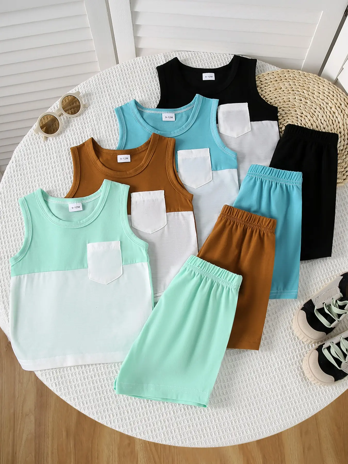 8-Piece Baby Boys Summer Colorblock Vest and Shorts Set, Casual Lightweight Quick-Dry Outfit Essentials Set Suitable for Beach and Playground