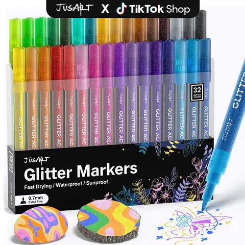 【Back to School Shopping】JusArt Glitter Markers Set - 32/24/16 Multicolor Water-Based Ink Pens, 32 Brilliant Colors Glitter Aesthetic Pens, Easy to Use and Store, Metallic Sparkle Effect for Coloring Art, All Ages Office & School Supplies