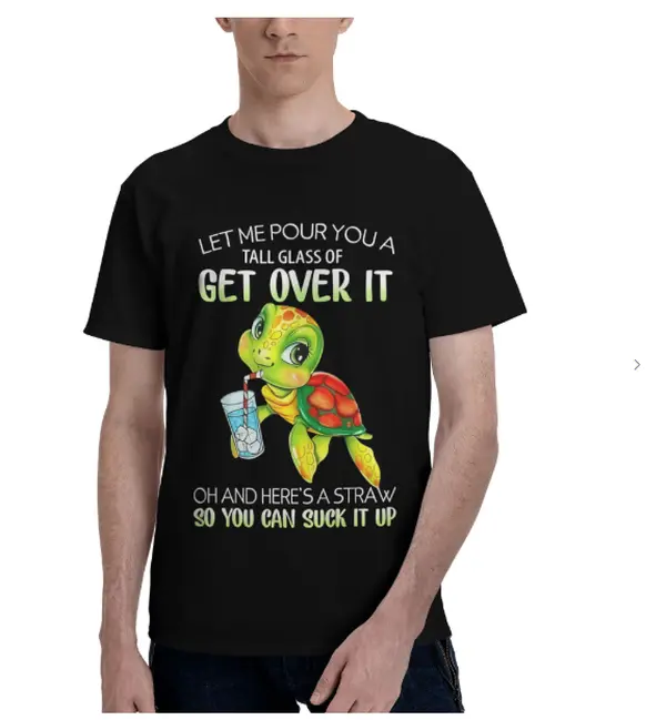 2026 Menswear Streetwear Short-Sleeve Round Neck Shirt - Black, Breathable Fabric, Relaxed Fit, Cartoon Turtle Design, Sarcastic "Get Over It" Humor Casual Crew Neck Tee