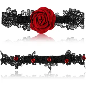 2 Pcs Rose Floral Lace Wedding Garters Set for Brides Women Girls Red Rhinestone Thigh Garter for Wedding Bridal Party