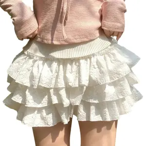 Women's Cute Bloomers Shorts Solid Color 3D Wrinkled Layered Ruffle Elastic Waist Short Pants Summer Lolita Pumpkin Shorts