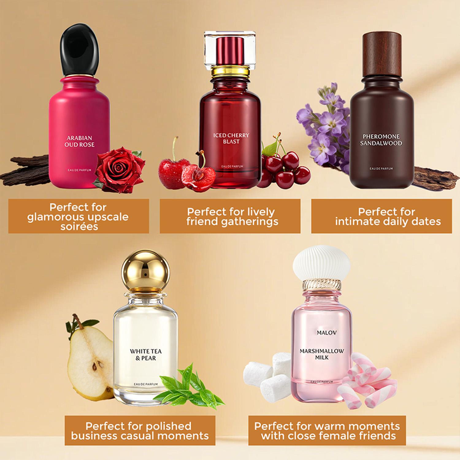 Eau de Parfum Marshmallow Milk, Arabian Oud Rose, Iced Cherry Blast, Pheromone Sandalwood, White Tea & Pear 58ml (1.96 oz) Long Lasting Perfume for Men & Women