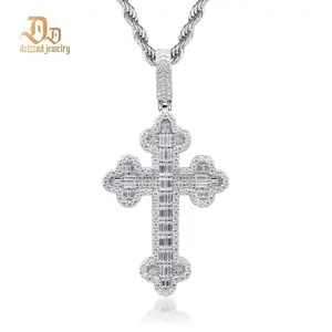 Delzzad Cross Pendant VVS Micro Pave Baguette Synthetic Moissanite S925 Crossnecklace Unisex Necklace Jewelry Wedding Anniversary Engagement Christmas Gift for Men Women