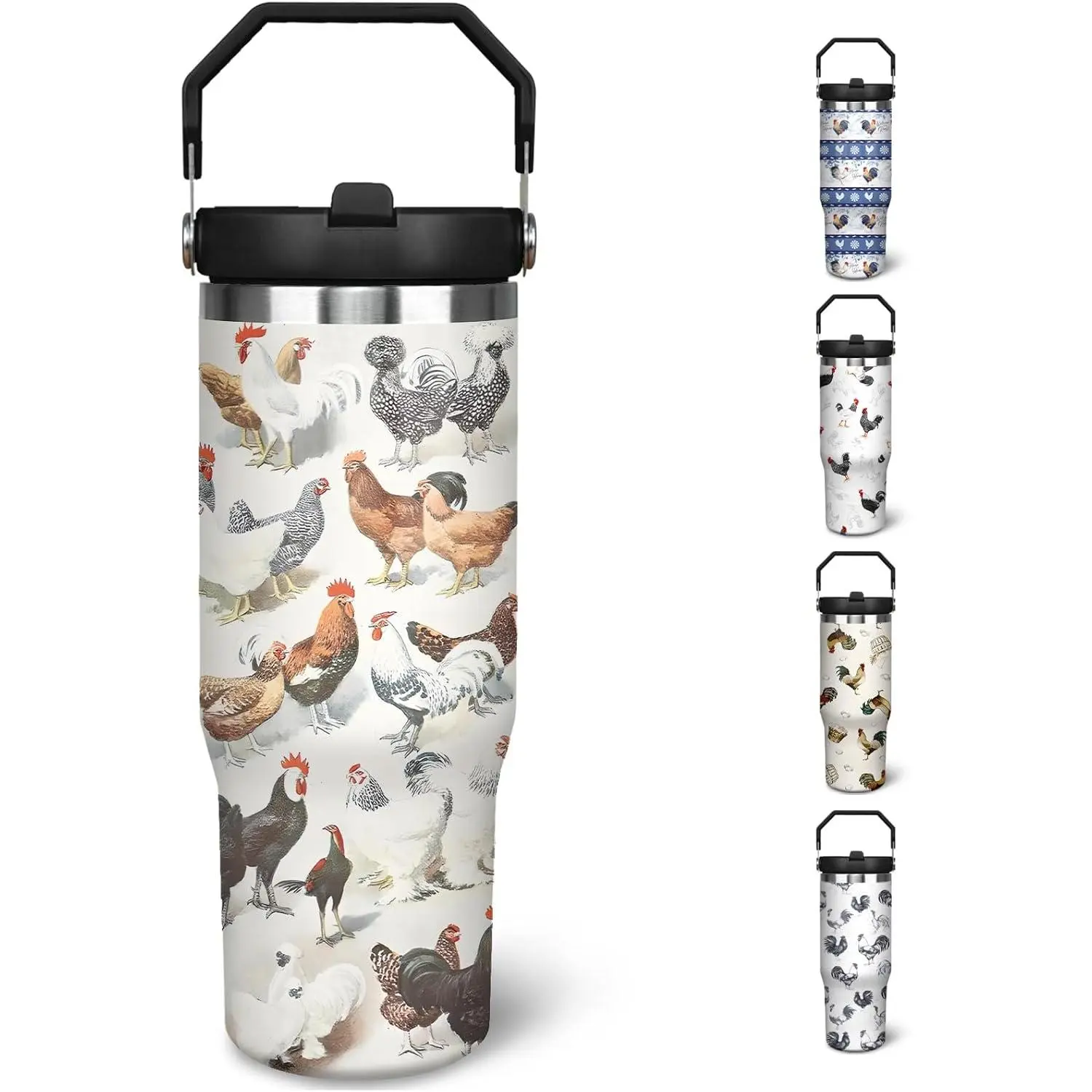 Stainless Steel Insulated Chicken Water Bottle Tumbler - Adult, 17.6 oz/500-1,000 ml, 3.93x3.93x11.81 Inches, 7-12H Vacuum Flask with Handle, Flip Straw, Rooster Design, Kitchen Drinkware, Chicken-Themed Gift