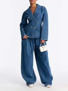 Clara Washed Denim Blazer Pant Set - Medium Wash