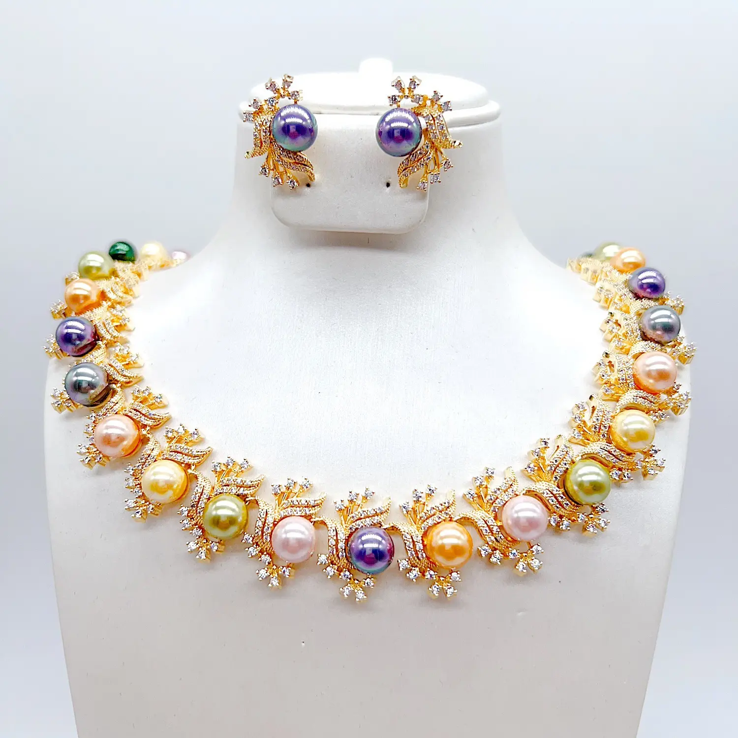 Multicolor Tahitian Imitation Pearl Leaf Cubic Zirconia Jewelry Set, 2 Tones Gold & Silver Plated Necklace Earrings Set