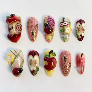 Apple Press On Nails 3D Kawaii Colorful Green Pink checkered Ladybug Star