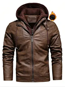 Men's Hooded Faux Leather Jacket, Single Piece Two-In-One Design, Plush Lining Outerwear Coat, Stylish Casual Wear for Men
