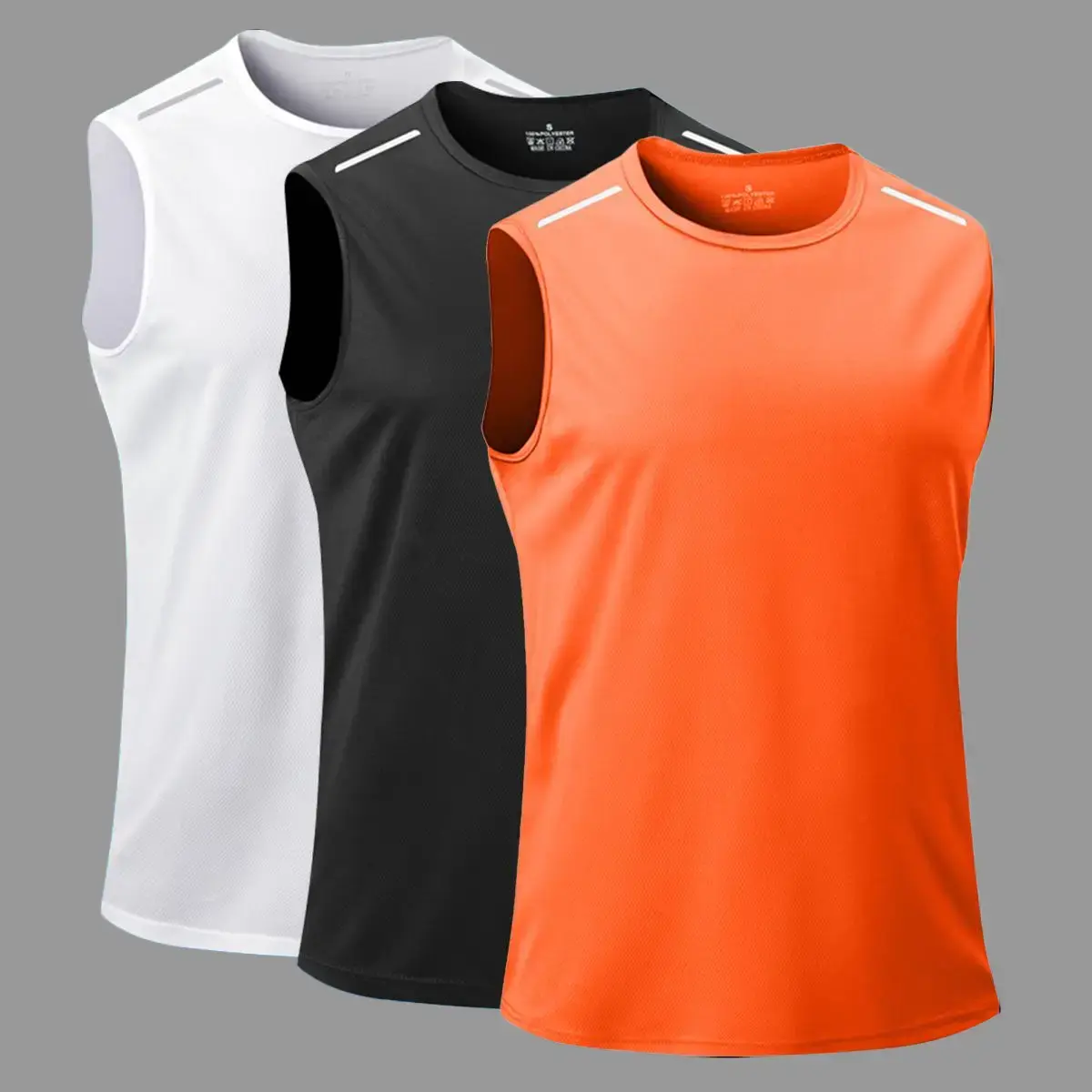 Men's 3-Pack Crew Neck Breathable Sleeveless Sports Wear, Quick-Dry Polyester Mesh Fitness Vest Shirt, Running Workout Vest with Reflective Strips, Regular Fit, Machine-Washable Polyester Activewear, Breathable Vest, Workout Vests