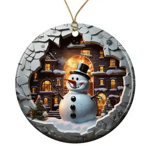 Cute 3D Snowman Ceramic Ornament - Breakthrough 3D Effect Burst Illusion Kids Ornament - 3 Inch Christmas Tree Round Ornament - Xmas Holiday Decor - String Included - ORNW0102