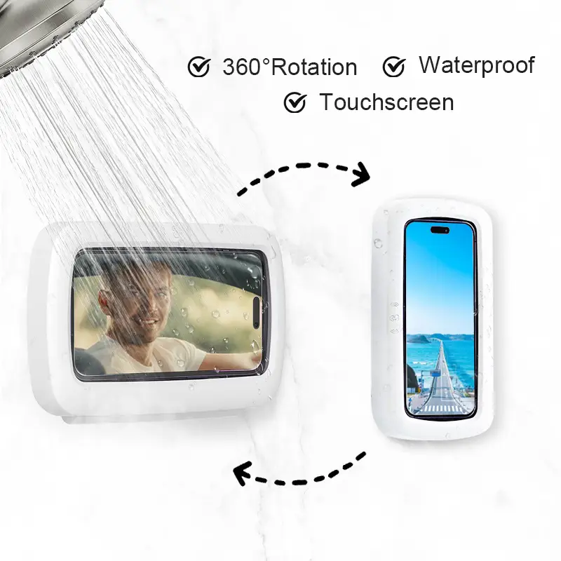 Shower Phone Holder - Waterproof 480° Rotatable Adjustable Bathroom Wall Mount Stand for Smartphone & Cellphone - Anti-Fog High Sensitivity Phone Case