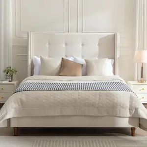 Hardware Peyton Upholstered Queen Bed / 54" High Headboard / Traditional Hand Buttoned Tufting / Nailhead Trim Wingback / No Box Spring Needed / Easy Assembly / Ivory Velvet