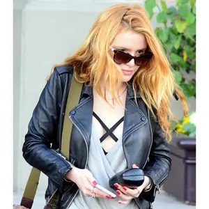 Bella Thorne Stylish Black Leather Jacket with Zipper Design