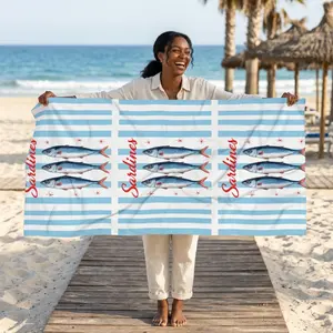 Unisex Light Cotton Water Absorbent Beach Towel, Nautical Blue Striped Sardines Artwork Print