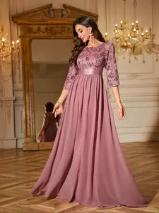 Elegant Women's Round Neck Beaded Embroidered Floral Patchwork Chiffon Bridesmaid Formal Floral Evening Dress, Random Trim, Party Gown