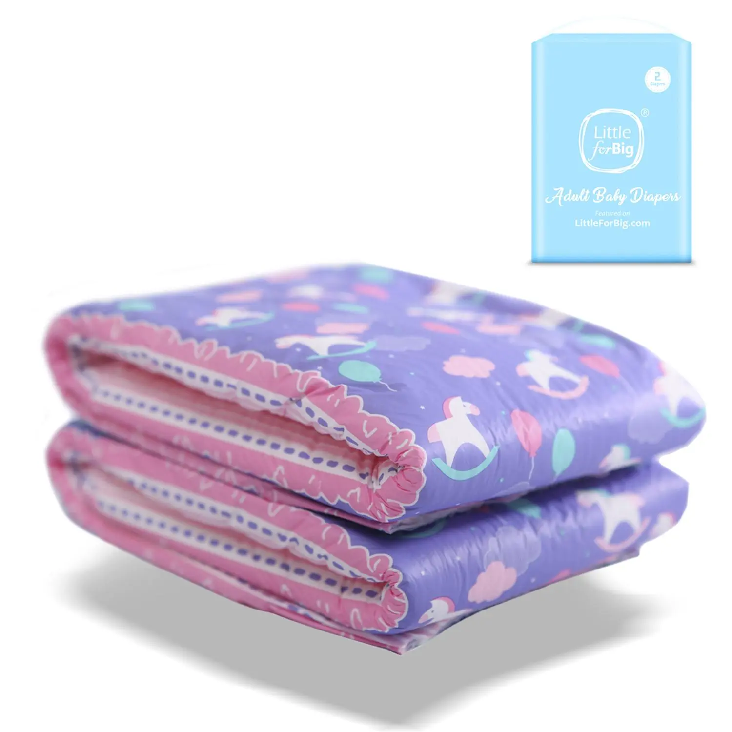 LittleForBig Little Fantasy Printed Plastic Adult Brief Nighttime Diapers - Ultra, Soft, Thick, Fluffy Padding, High Absorption, Leak Protection 2-Piece Multi-Pack (Medium, Large Sizes)