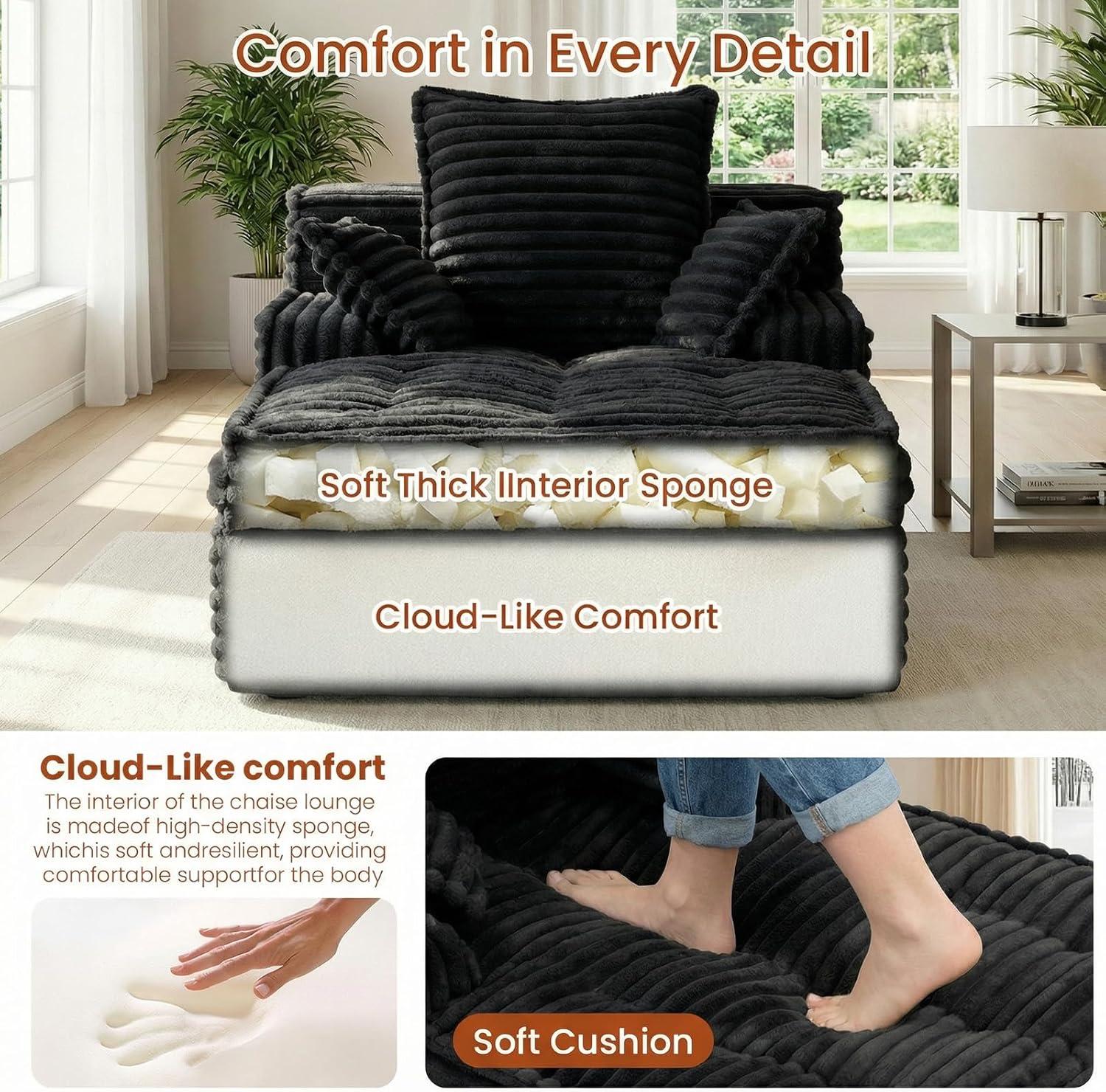 Winzoo Boneless Chaise Lounge Chair Indoor, Corduroy Small Boneless Sleeper Sofa with 3 Pillows & Wide Armrest, Fluffy Comfy Chase Lounge Indoor, Compression Boneless Couch for Living Room