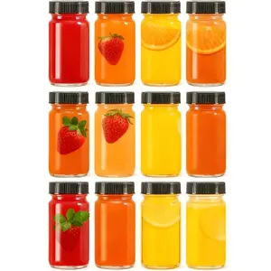 12 Pack 2 oz Glass Shot Mini Bottles with Black Lids - Reusable Leakage-Proof Small Clear Jar for Ginger, Wellness Shot, Juice, Sample, Whiskey, Essentials - Wide Mouth Containers, Dishwasher Safe