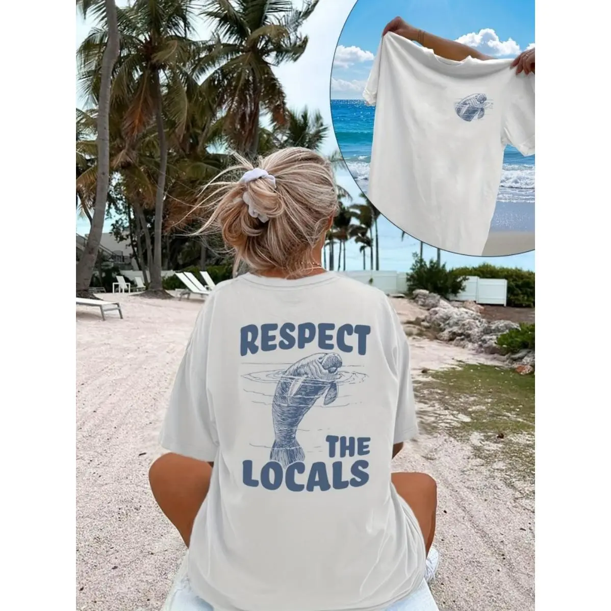 Women's Oversized Manatee Graphic T-Shirt - Coastal Women's T-Shirts, Beach Casual, Breathable Flow, Cotton Blend, Dropped Shoulders, Soft Loose Crewneck, Cute Summer Vacation Streetwear Top, Loose Silhouette